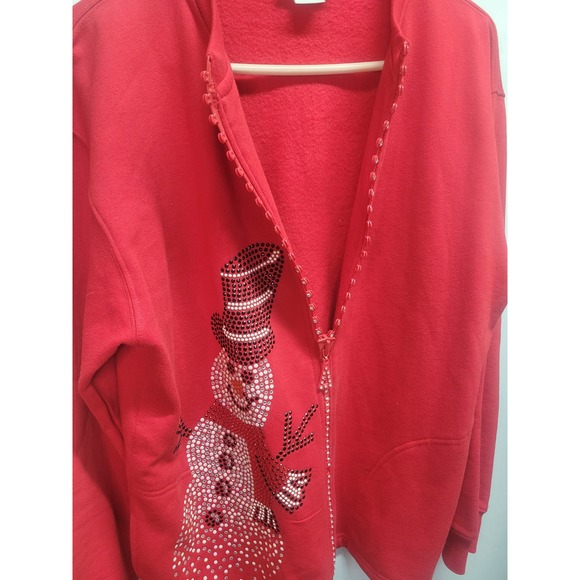 Tia Designs Red Rhinestone Snowman Zip Up Holiday Christmas Sweatshirt Large - Picture 4 of 11